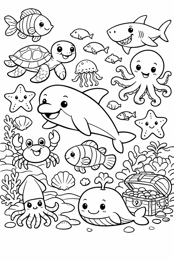 Cute Ocean Animals Coloring Page
