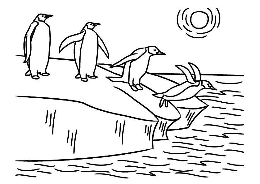 Penguins Jumping Into The Ocean Coloring Page
