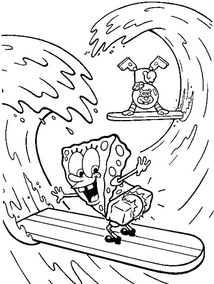 Sandy And Spongebob Surfing Coloring Page