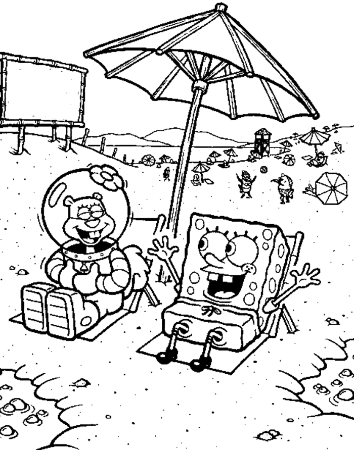 Sandy And Spongebob On The Beach Coloring Page