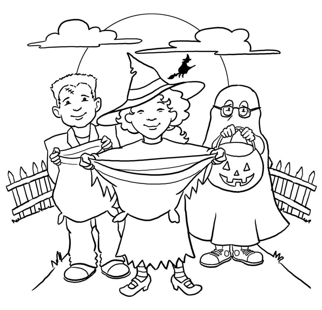 Cute Kids Trick Or Treat Coloring Page