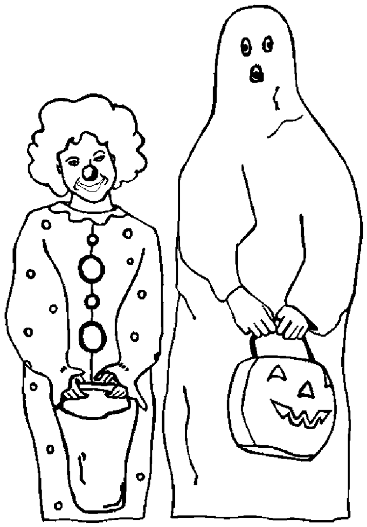 Ghost And Clown Trick Or Treating Coloring Page