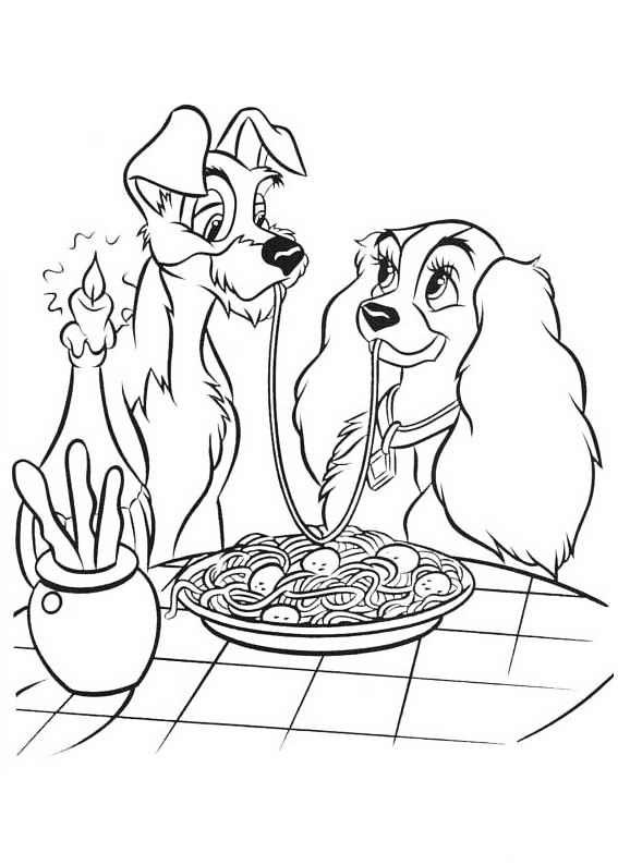Lady And The Tramp Eating Spaghetti Coloring Page