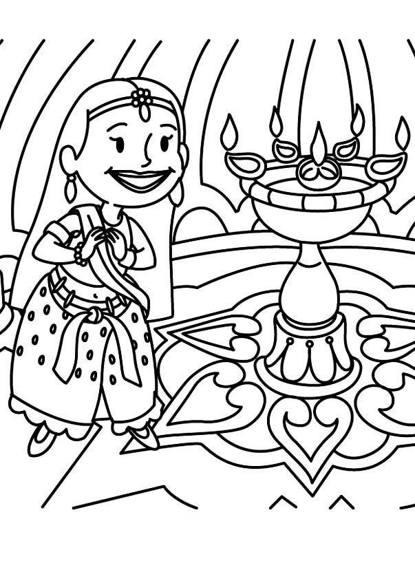 Pretty Woman On Diwali Coloring Page