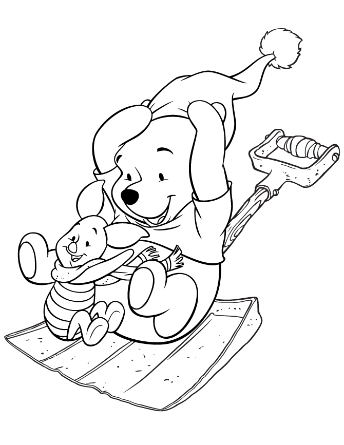 Pooh Sledding On Shovel Coloring Page