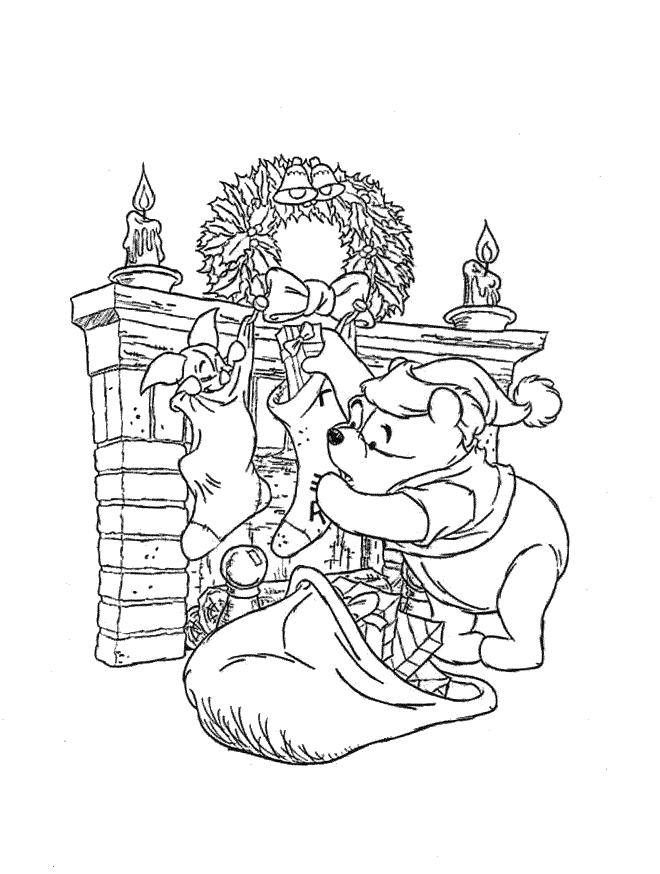 Pooh Hanging Christmas Stockings Coloring Page