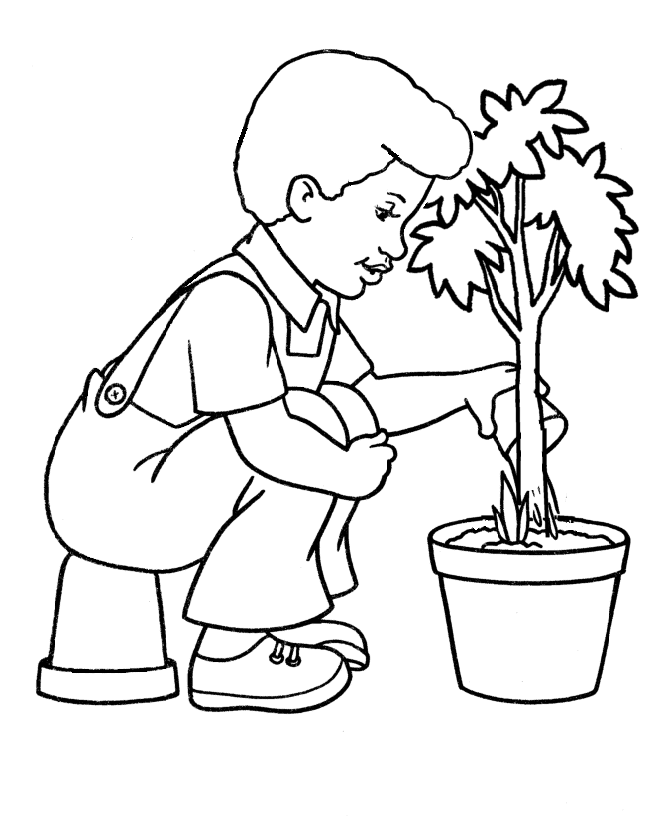 Boy Watering Plant Coloring Page