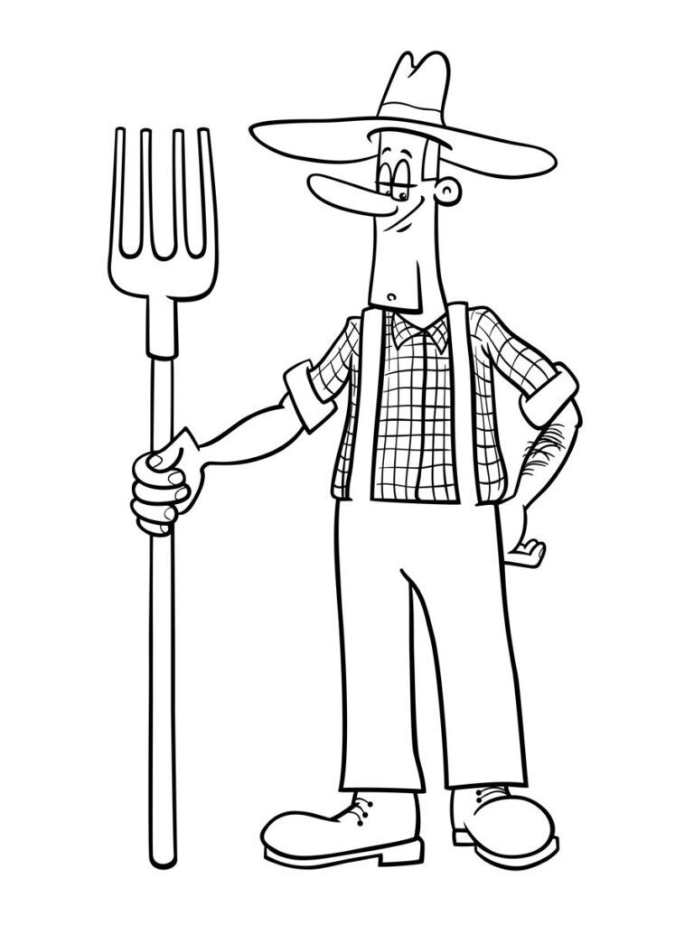 Cartoon Farmer With Pitchfork Coloring Page