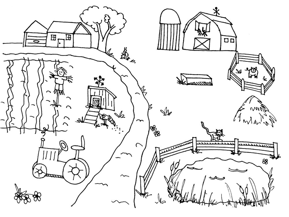Cute Farm With Barn Coloring Page