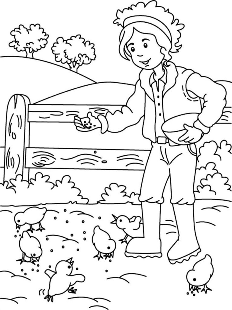 Farmer Feeding Chicks Coloring Page