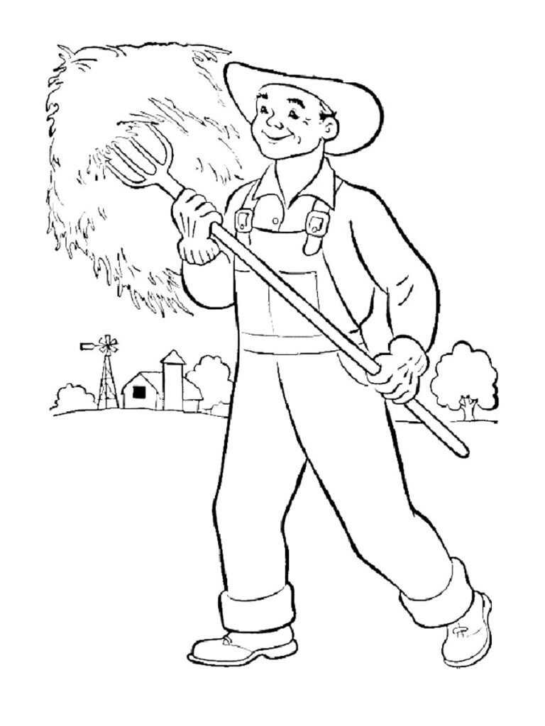 Farmer Scooping Hay Farmer Coloring Page