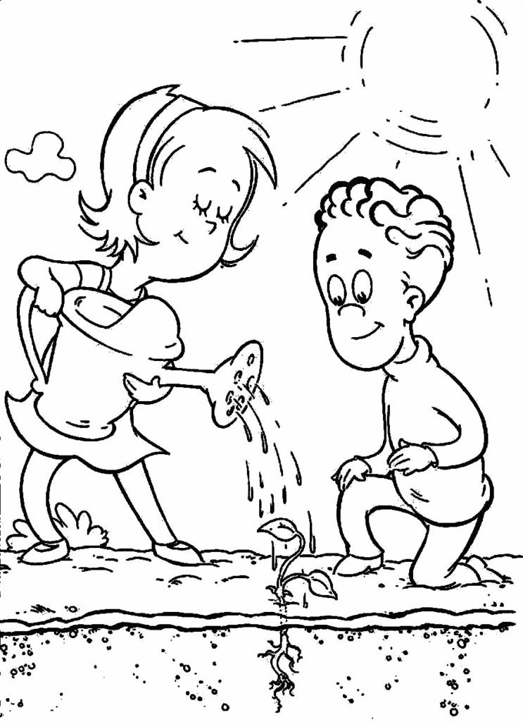 Girl Watering Plant In Garden Coloring Page