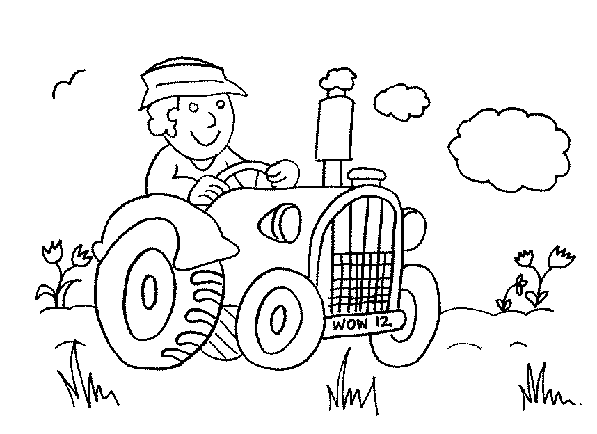 Happy Farmer Driving Tractor Coloring Page