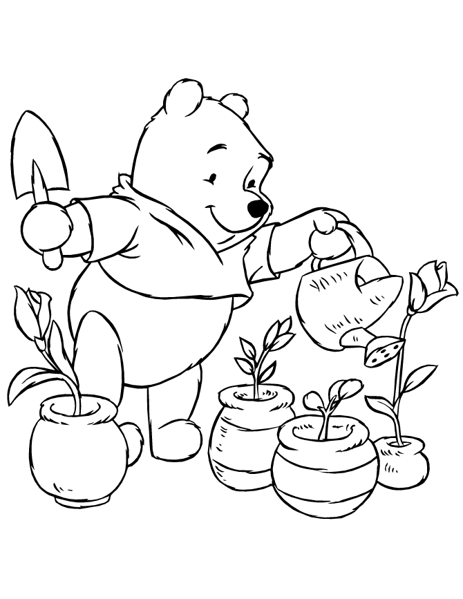 Winnie The Pooh Watering Plants Coloring Page