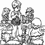 Children Harvesting Herbs In Garden Coloring Page