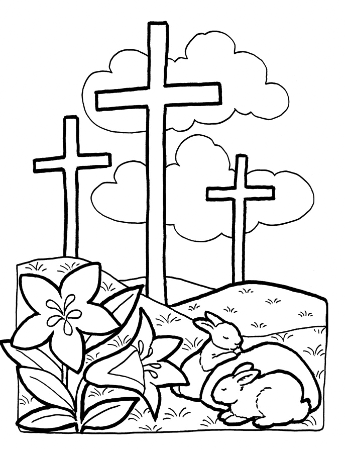 Easter Sunday Cross And Bunnies Coloring Page