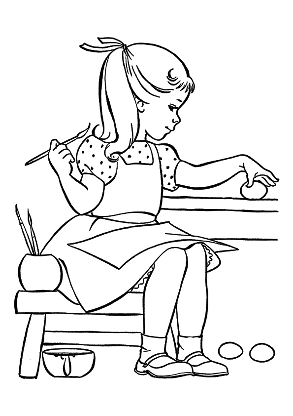 Girl Coloring Easter Eggs Coloring Page