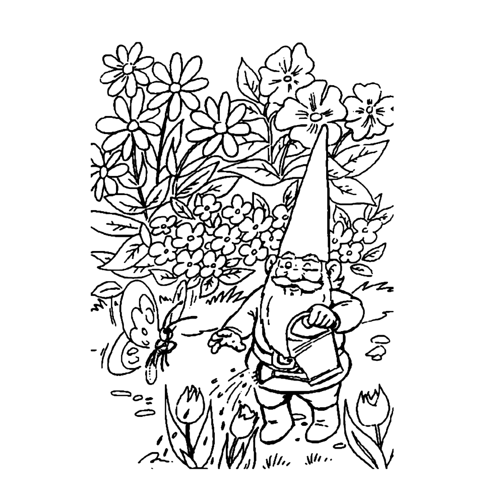Gnome Watering Flowers Coloring Page