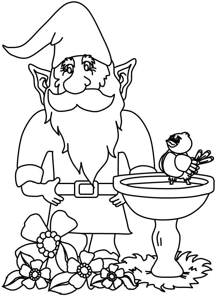 Gnome And Birdbath Coloring Page