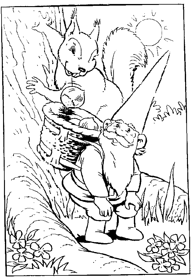 Gnome And Squirrel Coloring Page