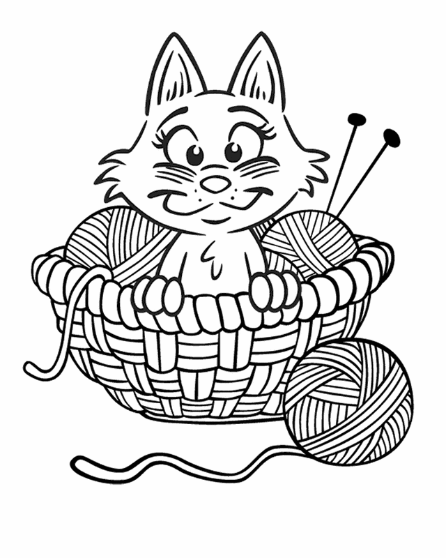 Cat And Yarn Coloring Page