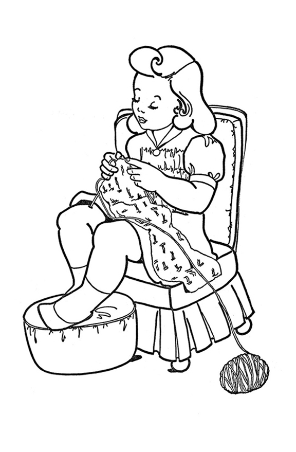 Girl Knitting Coloring Page