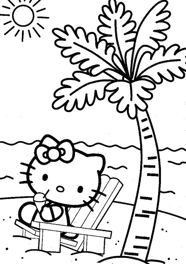 Hello Kitty Palm Tree Beach Coloring Page