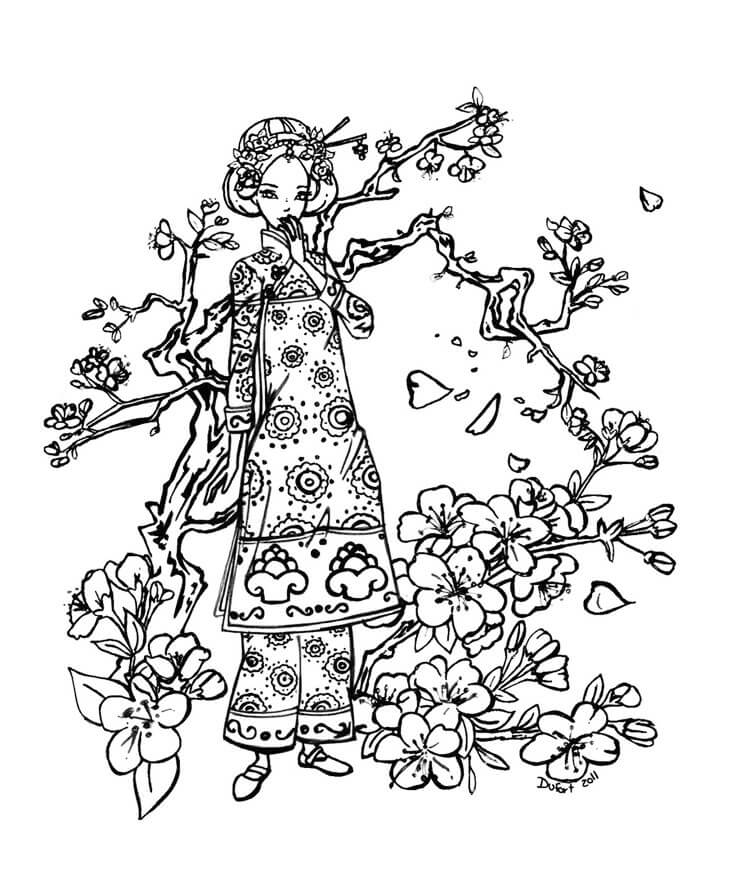 Beautiful Japanese Girl Coloring Page