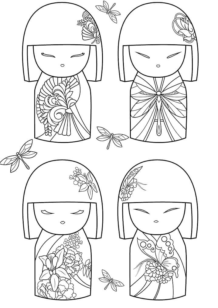 Japanese Kokeshi Dolls Coloring Page
