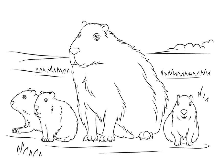 Capybara Family Coloring Page