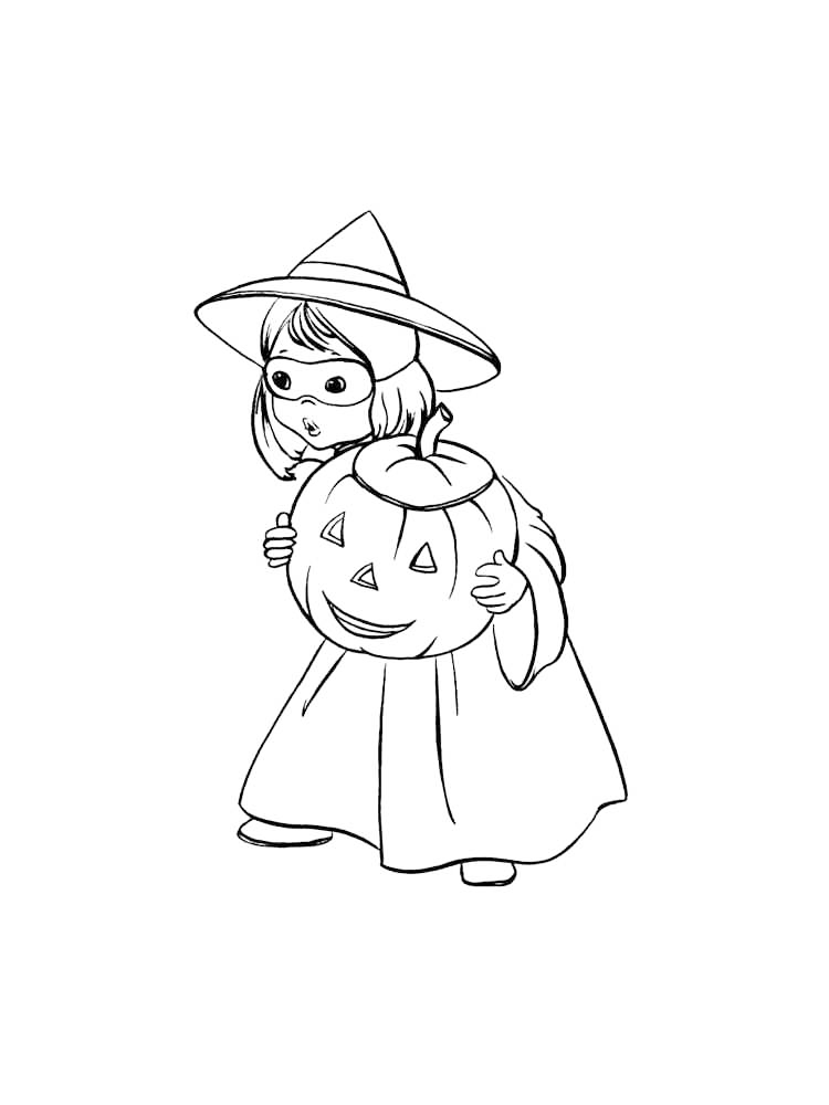 Cute Girl Witch Jack O Lantern Coloring Page