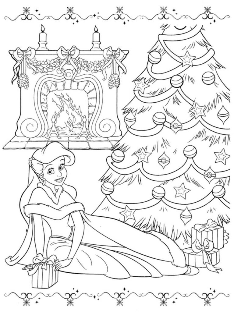 Ariel Christmas Tree And Fireplace Coloring Page