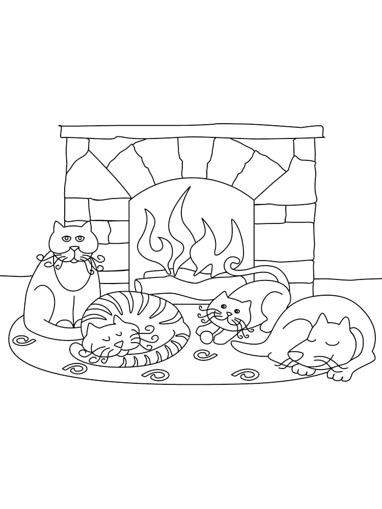 Cats Sleeping By The Fireplace Coloring Page