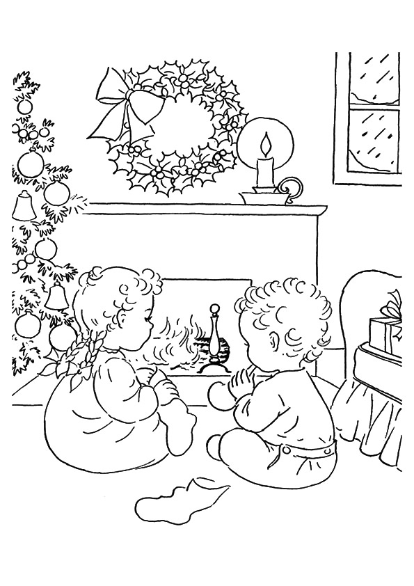Children At The Fireplace On Christmas Coloring Page