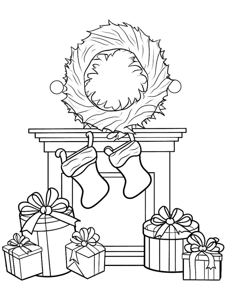 Christmas Presents And Fireplace Coloring Page