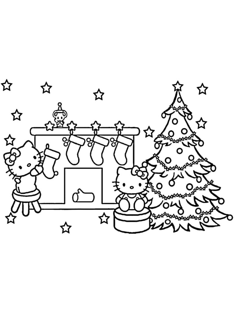 Hello Kitty Christmas Fireplace Coloring Page