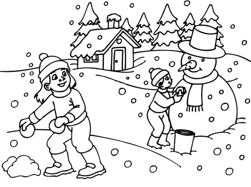 Kids Playing In The Snow Coloring Page