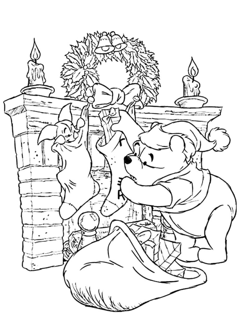 Pooh Filling Stockings On The Fireplace Coloring Page