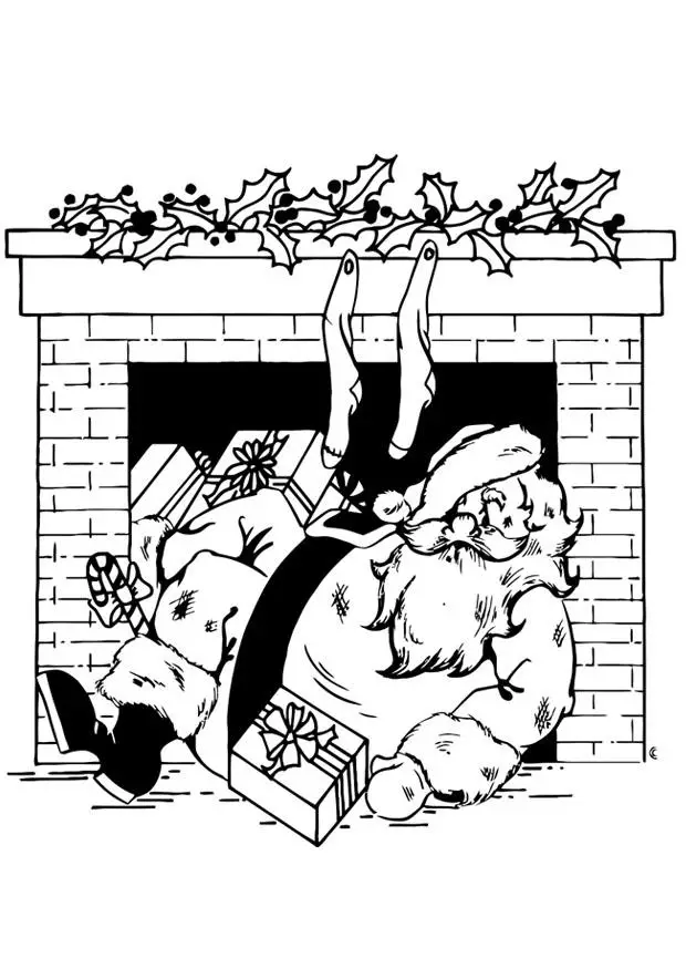 Santa Comes Down The Chimney Coloring Page