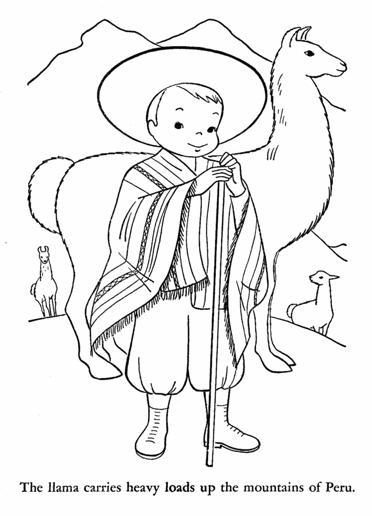 Peru Boy With Llama Coloring Page