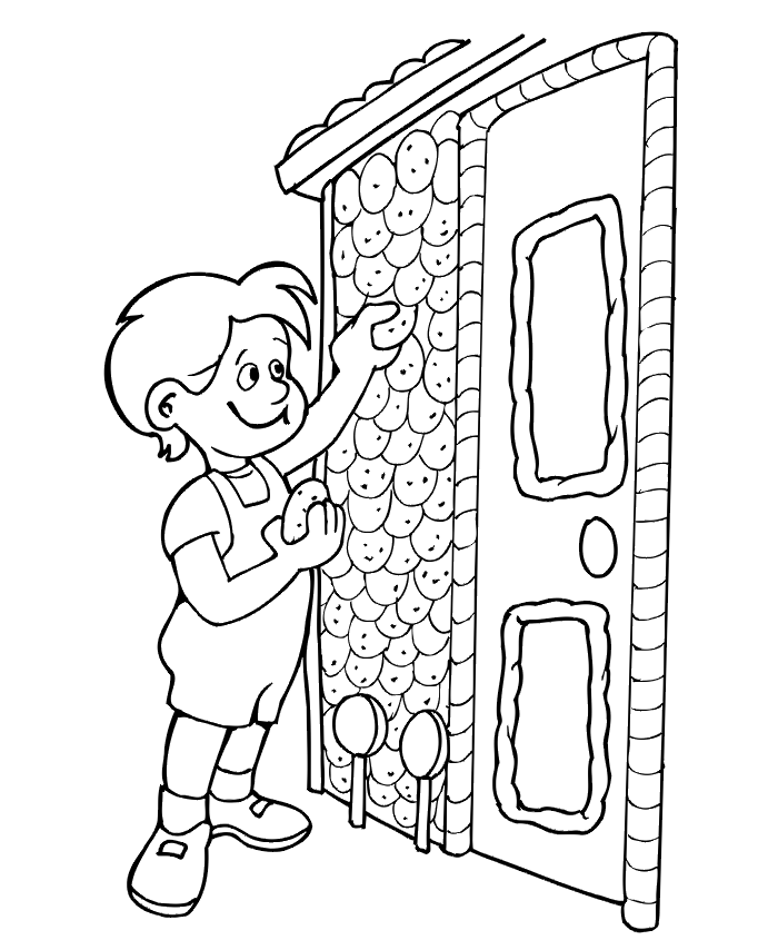 Hansel Eating Cookies From The House Coloring Page