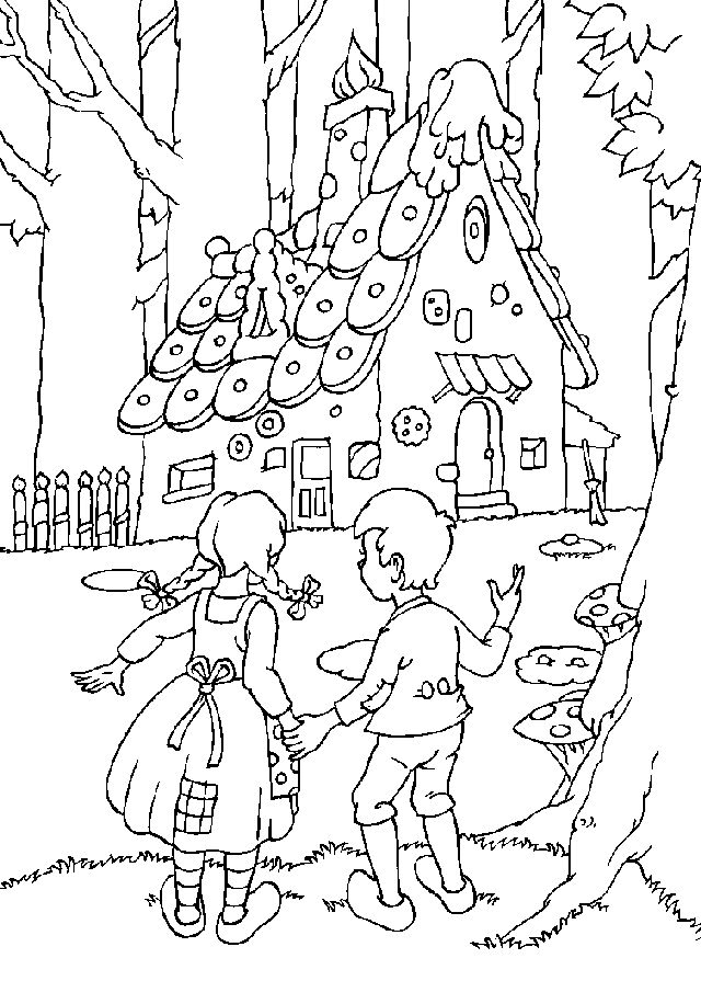 Hansel And Gretel Find The Candy House Coloring Page