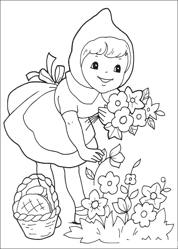 Red Riding Hood Picks Flowers Coloring Page