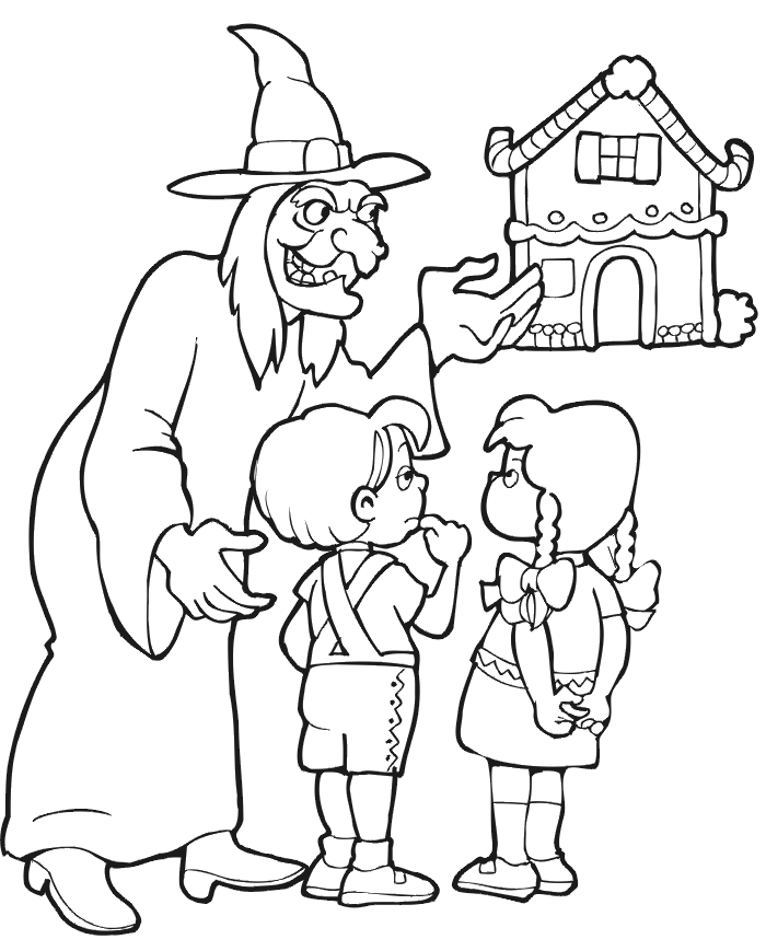 Witch Invites Hansel And Gretel Coloring Page