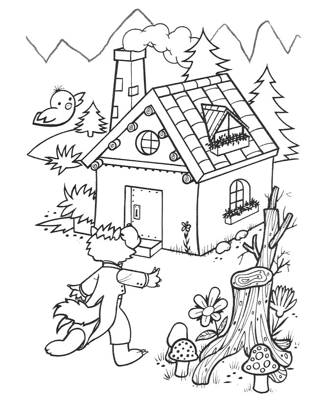 Wolf At Pigs House Coloring Page