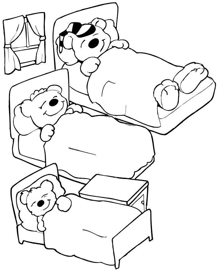 Three Bears In Bed Coloring Page
