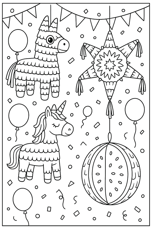4 Party Pinatas Coloring Page