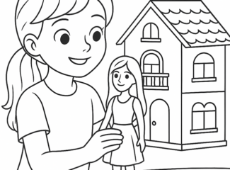 Girl Playing With Barbie House Coloring Page