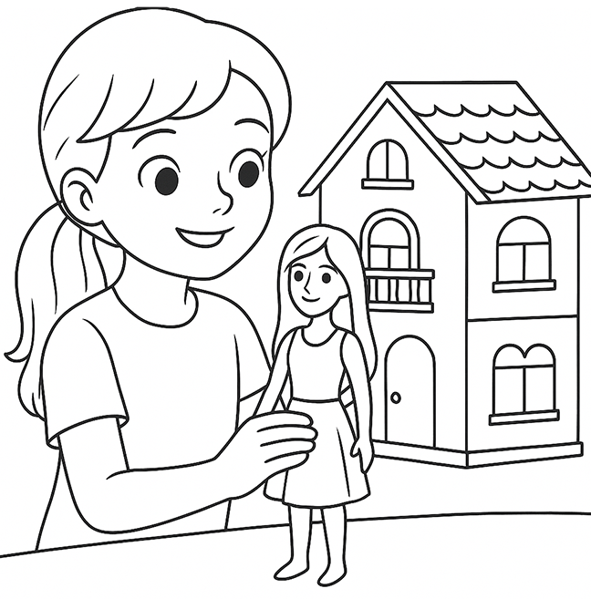 Girl Playing With Barbie House Coloring Page