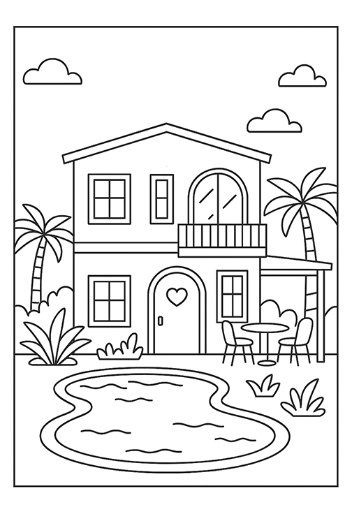 Pool Barbie House Coloring Page